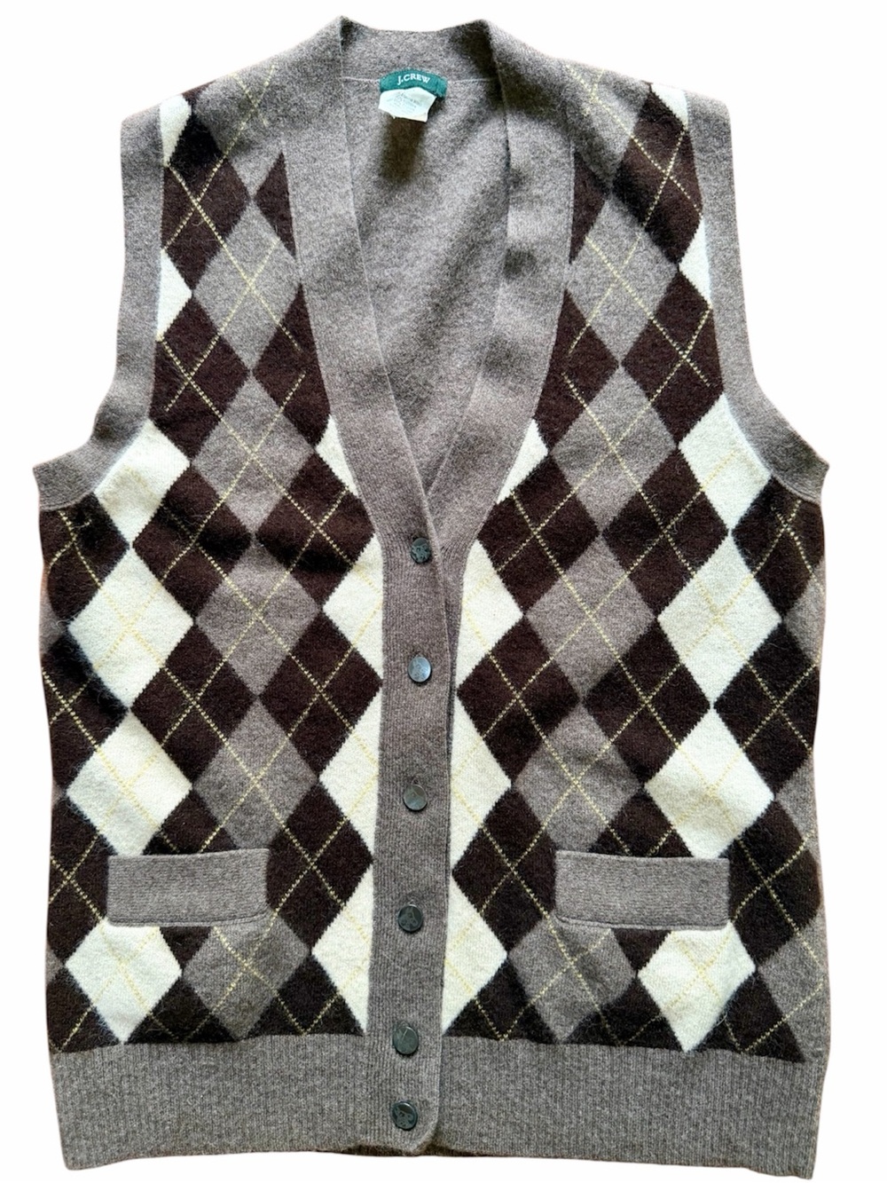 J.Crew Argyle Button Front Sweater Vest Brown Cashmere Blend Youth XL 14-16